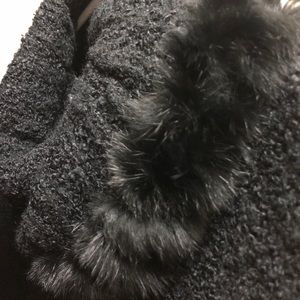 Black wool blend sweater with genuine black rabbit fur trim on cowl neck collar